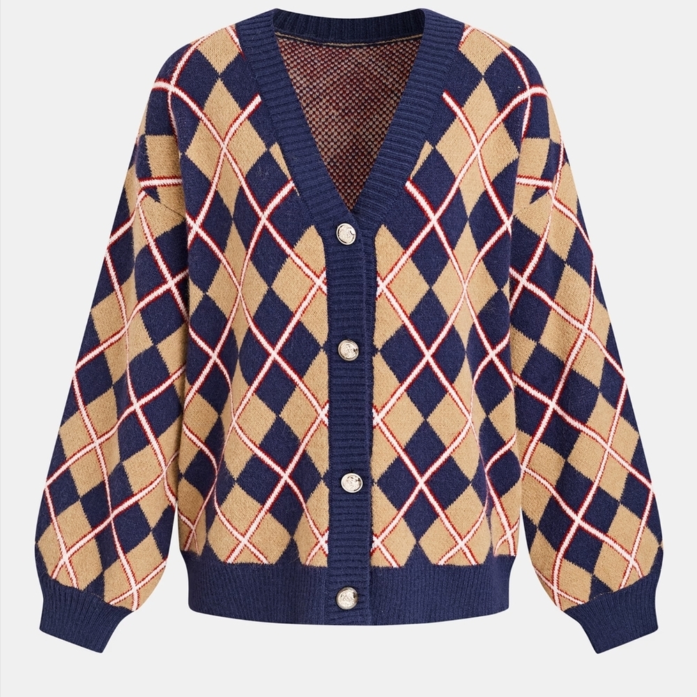 Cupshe‎ Navy and Tan Gold Argyle Cardigan Varsity Sweater Preppy Size Small Nwt